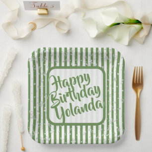Name Happy Birthday Green Simple Stripes Muster Pappteller