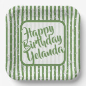 Name Happy Birthday Green Simple Stripes Muster Pappteller (Vorderseite)