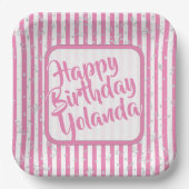 Name Happy Birthday Pink einfache Streifen Muster Pappteller (Vorderseite)