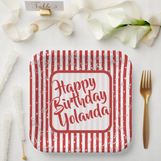 Name Happy Birthday Red Simple Stripes Muster Pappteller (Hochzeit)