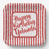 Name Happy Birthday Red Simple Stripes Muster Pappteller (Vorderseite)