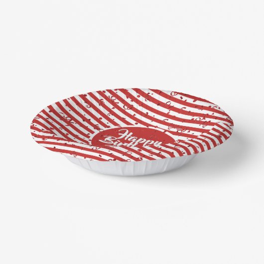 Name | Happy Birthday Red Simple Stripes Pattern Pappteller (Gewinkelt)