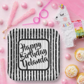 Name Happy Birthday Schwarz-weiß Stripes Muster Pappteller (Party)