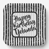 Name Happy Birthday Schwarz-weiß Stripes Muster Pappteller (Vorderseite)