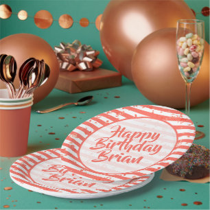 Name Happy Birthday Simple Stripes Muster Coral Pappteller