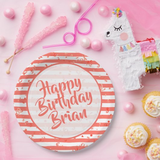 Name | Happy Birthday Simple Stripes Muster Coral Pappteller (Party)