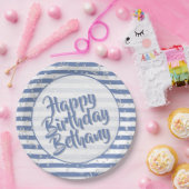 Name | Happy Birthday Simple Stripes Pattern Blau Pappteller (Party)