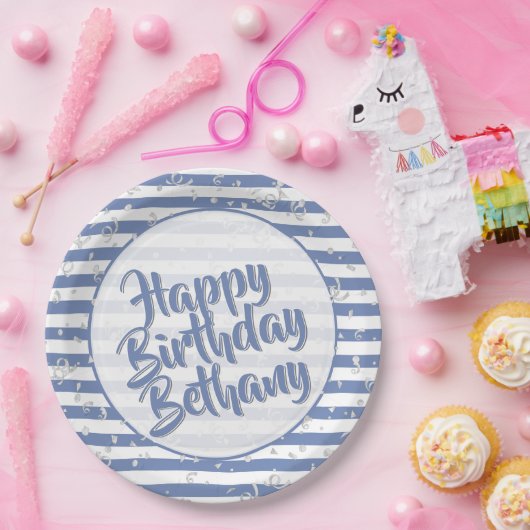 Name | Happy Birthday Simple Stripes Pattern Blau Pappteller (Party)