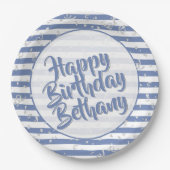 Name | Happy Birthday Simple Stripes Pattern Blau Pappteller (Vorderseite)