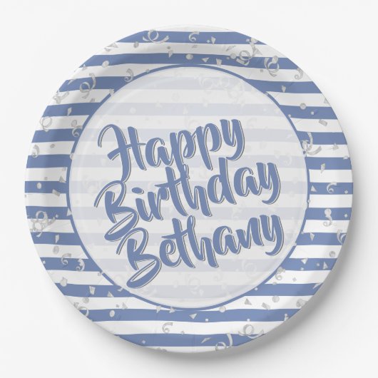 Name | Happy Birthday Simple Stripes Pattern Blau Pappteller (Vorderseite)