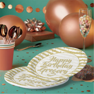 Name Happy Birthday Simple Stripes Pattern Gold Pappteller
