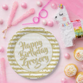 Name | Happy Birthday Simple Stripes Pattern Gold Pappteller (Party)