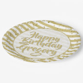 Name | Happy Birthday Simple Stripes Pattern Gold Pappteller (Schrägansicht)