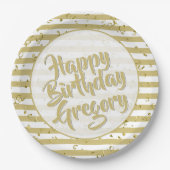 Name | Happy Birthday Simple Stripes Pattern Gold Pappteller (Vorderseite)