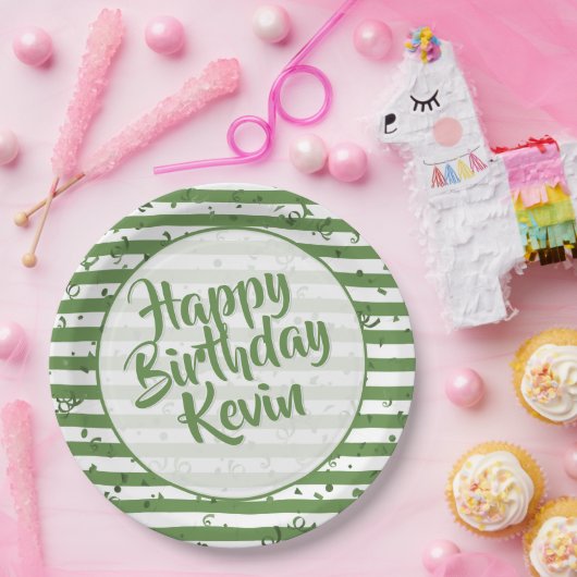 Name | Happy Birthday Simple Stripes Pattern Green Pappteller (Party)