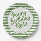 Name | Happy Birthday Simple Stripes Pattern Green Pappteller (Vorderseite)