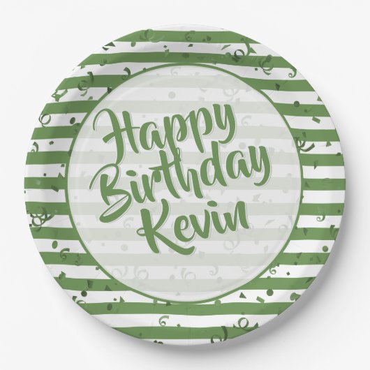 Name | Happy Birthday Simple Stripes Pattern Green Pappteller (Vorderseite)