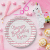 Name | Happy Birthday Simple Stripes Pattern Pink Pappteller (Party)