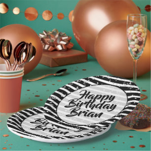 Name Happy Birthday Simple Stripes Pattern Schwa Pappteller