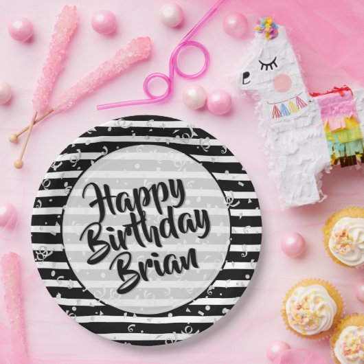 Name | Happy Birthday Simple Stripes Pattern Schwa Pappteller (Party)