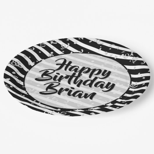 Name | Happy Birthday Simple Stripes Pattern Schwa Pappteller (Schrägansicht)