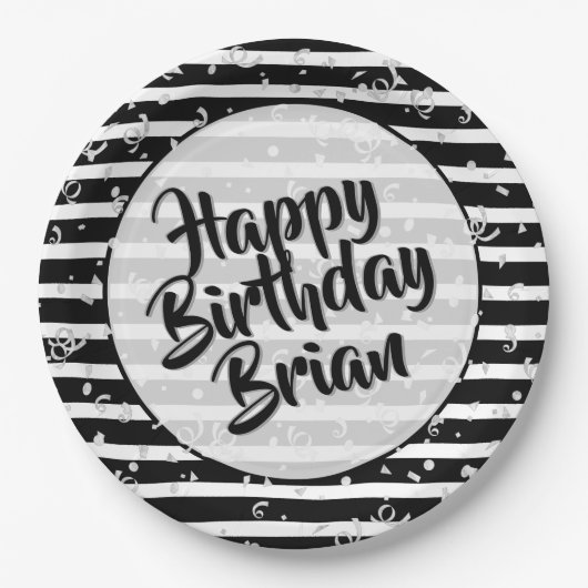 Name | Happy Birthday Simple Stripes Pattern Schwa Pappteller (Vorderseite)