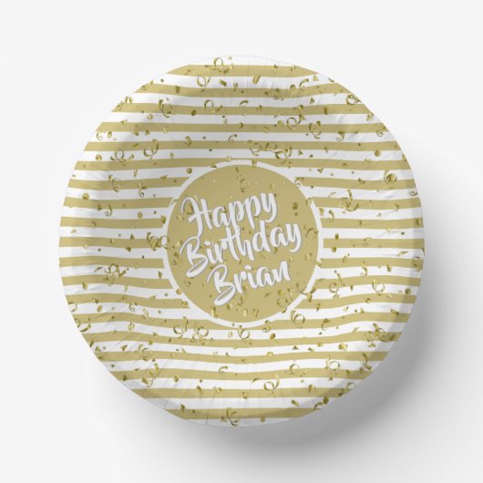 Name Happy Birthday Yellow Simple Stripes Pattern Pappteller (Vorderseite)