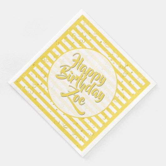 Name Happy Birthday Yellow Simple Stripes Pattern Serviette (Ecke)