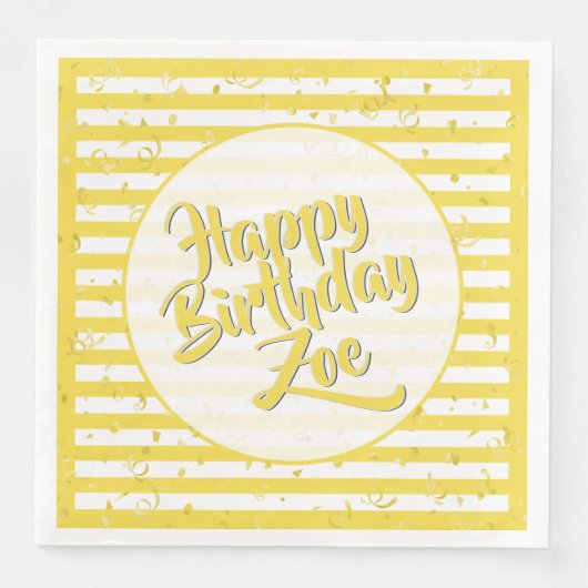 Name Happy Birthday Yellow Simple Stripes Pattern Serviette (Vorderseite)