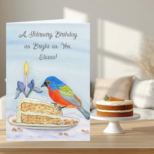 Name Happy February Birthday Painted Bunting Karte