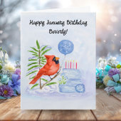 Name Happy January Birthday Cardinal with Cake Karte
