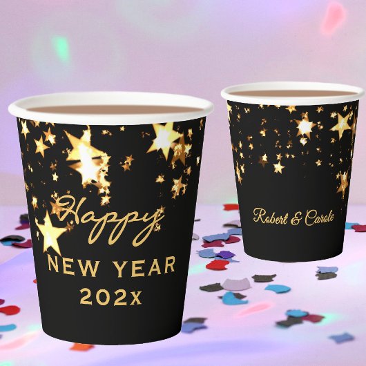 Name, Happy New Year Black & Gold 8oz oder 12oz Pappbecher
