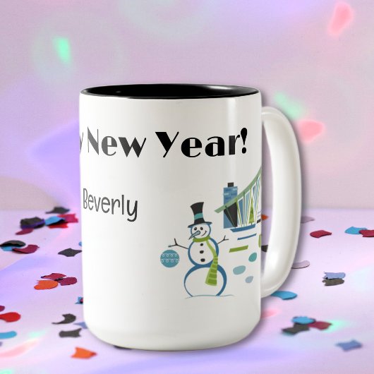 Name, Happy New Year Retro 15oz. Zweifarbige Tasse