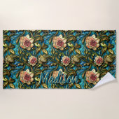 Name hinzufügen, 3D-Rosa-Blume Grüne Blätter auf B Strandtuch (Vorderseite)