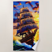 Name hinzufügen, Braunes Piratenschiff in Wellen Strandtuch (Vorderseite)