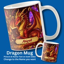Name hinzufügen, Fantasy-Drache mit Buch und Kaffe