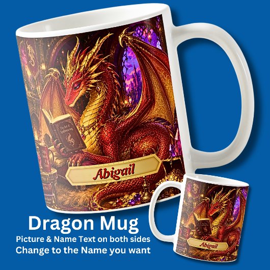 Name hinzufügen, Fantasy-Drache mit Buch und Kaffe Kaffeetasse