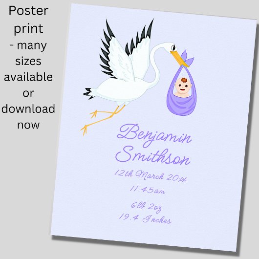 Name hinzufügen - Geburtsdetails Stork Blue Baby K Poster