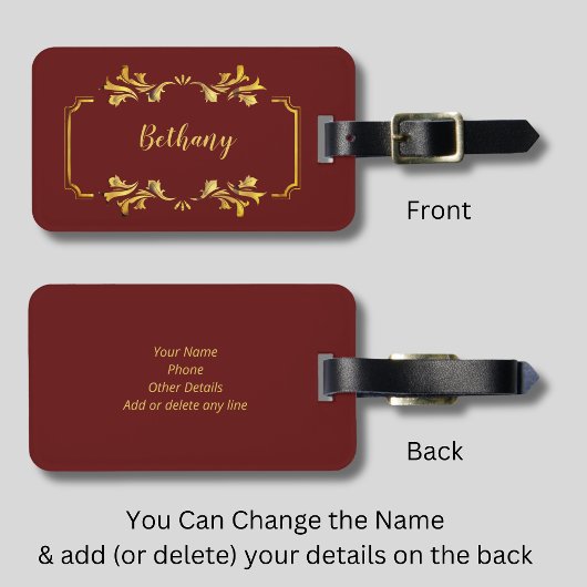 Name hinzufügen Gelbes Gold auf Maroon Dark Red Gepäckanhänger