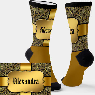 Name hinzufügen, Goldener Schild auf goldenem Band Socken