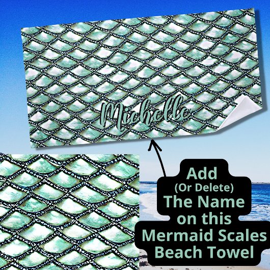 Name hinzufügen, Mermaid Aqua Scales Pearl Silver  Strandtuch