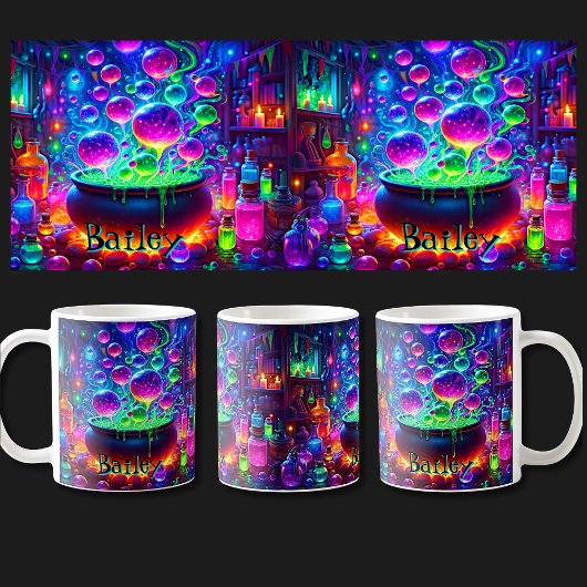 Name hinzufügen, Neon Look Hexen Cauldon & Feuer Kaffeetasse