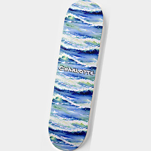 Name hinzufügen, Ozeanwellen Blau Weiß Skateboard