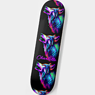 Name hinzufügen, Rosa blauer Neon Wolf Skateboard