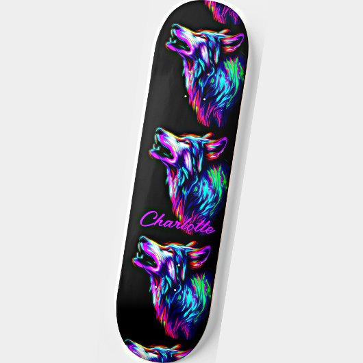 Name hinzufügen, Rosa blauer Neon Wolf Skateboard