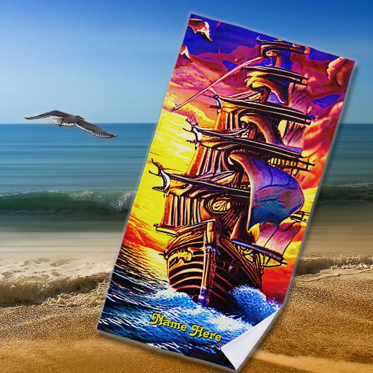 Name hinzufügen, Stylisierte braune Piratenschiff Strandtuch