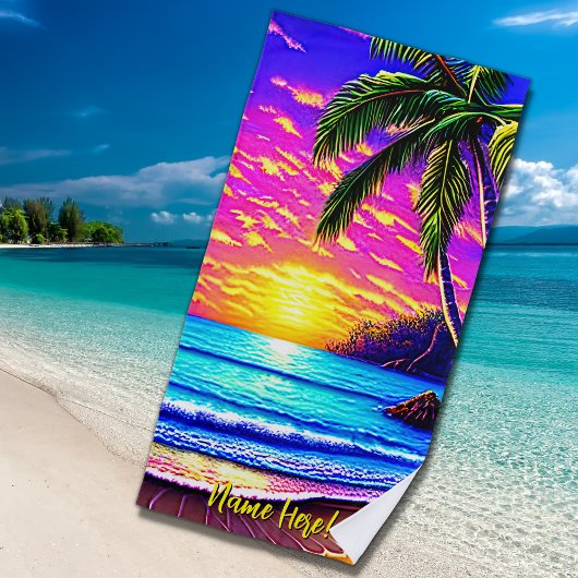 Name hinzufügen, Stylized Beach Sunset mit Palm Tr Strandtuch