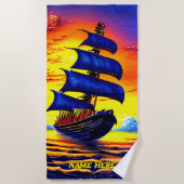 Name hinzufügen, Stylized Blue Pirate Segelschiff Strandtuch (Vorderseite)