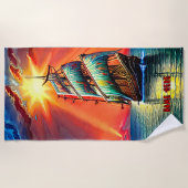 Name hinzufügen, Stylized Blue Sails Pirate Segels Strandtuch (Vorderseite)