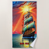 Name hinzufügen, Stylized Blue Sails Pirate Segels Strandtuch (Vorderseite)